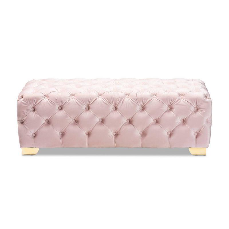 Luxurious Light Pink Velvet Tufted Ottoman with Gold Legs