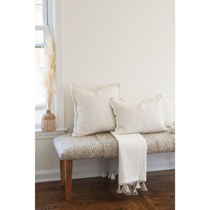 Beige Pinstripe Fringe Soft Linen Pillow 20x20 Pillow Cover Only