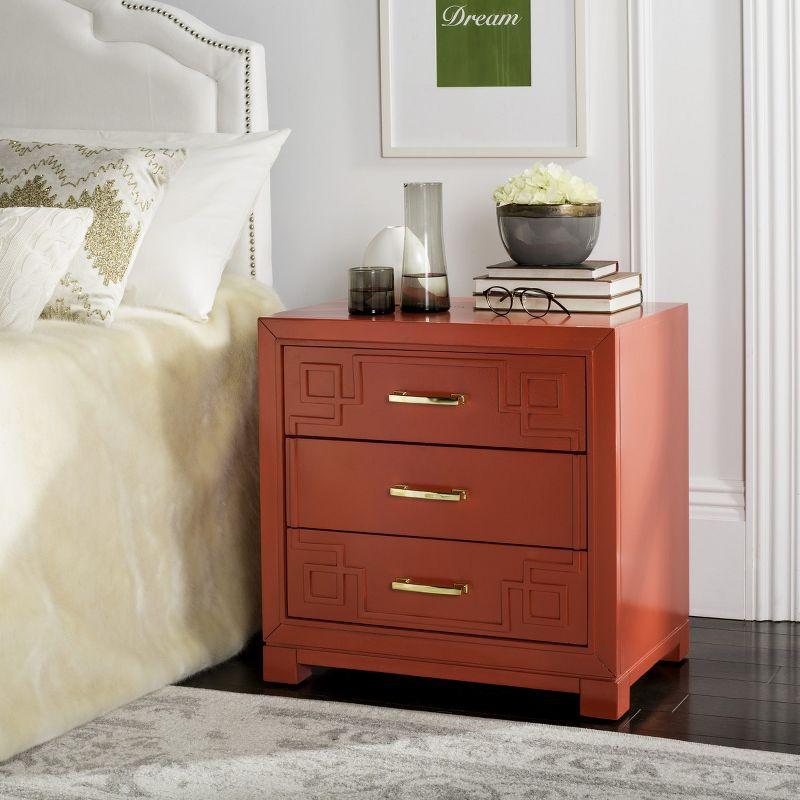 Transitional 3-Drawer Greek Key Nightstand in Polished Red