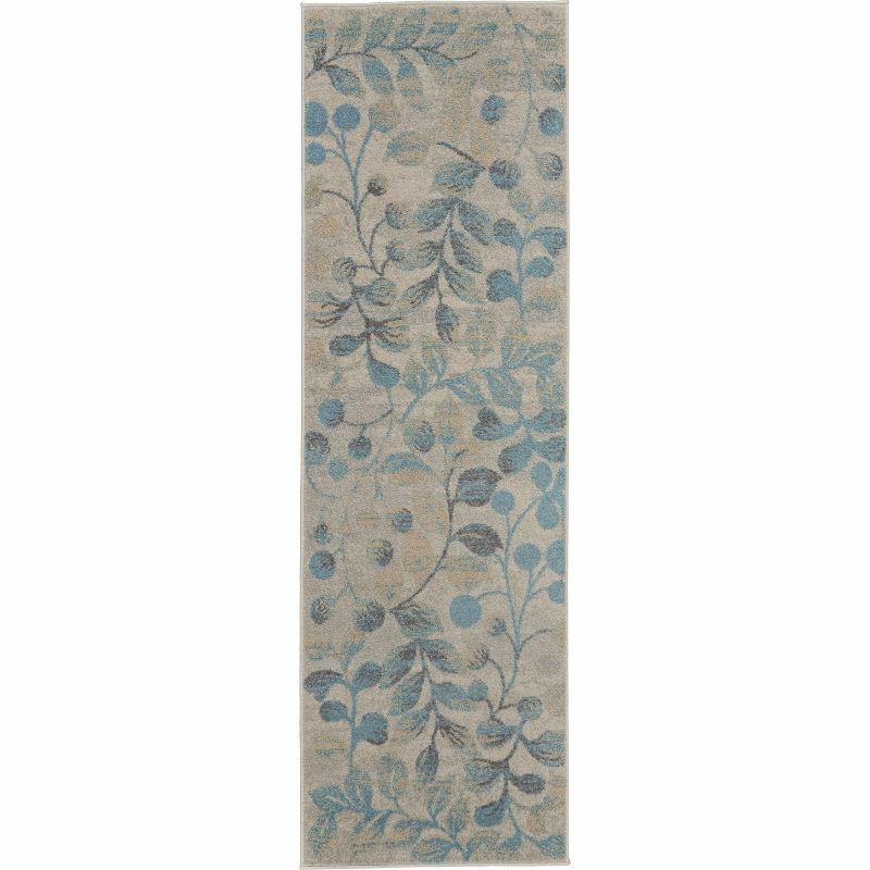 Nourison Tranquil 2'3" X 7'3" (7' Runner) Ivory/Turquoise Area Rug Contemporary Botanical Vine and Bloom by Nourison