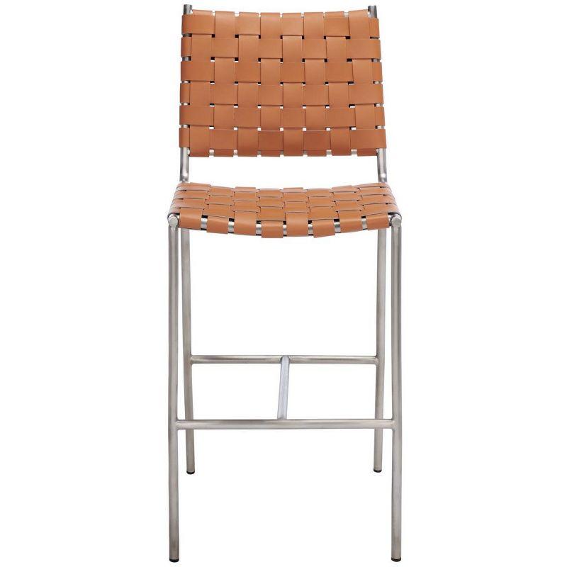 Cognac Leather Saddle Counter Stool with Silver Metal Base