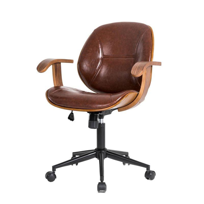 Russet Leatherette Mid-Century Swivel Office Chair with Bamboo Armrest