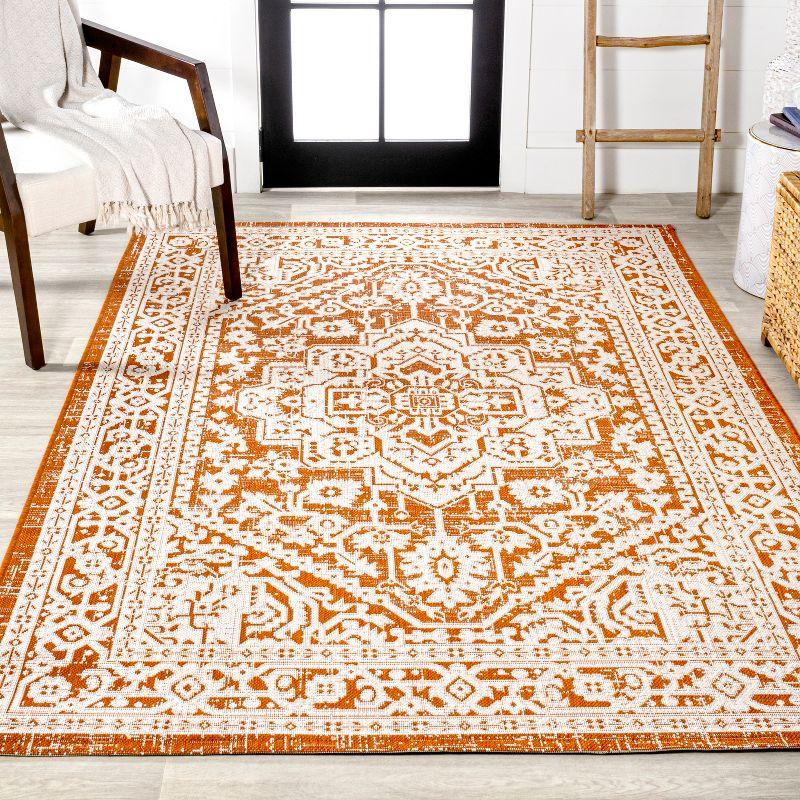 9' x 12' Sinjuri Medallion Textured Weave Indoor/Outdoor Area Rug, Orange/Cream - JONATHAN Y