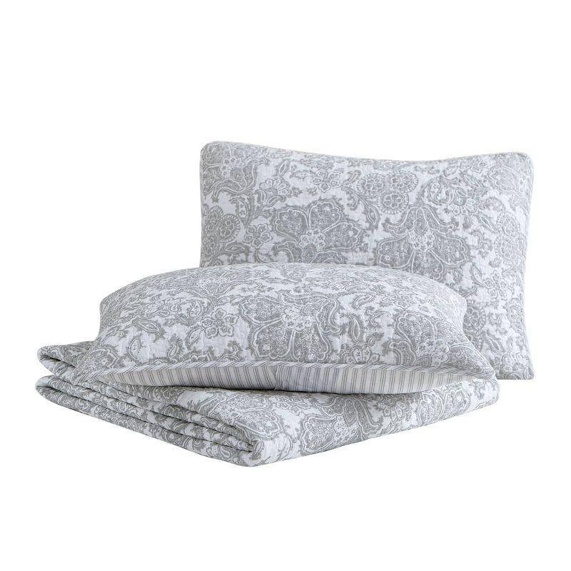 Gray Floral Cotton Reversible Full/Queen Quilt Set