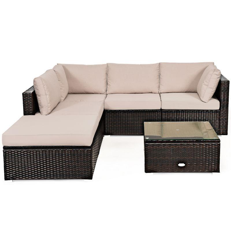 Tangkula 6PCS Patio Rattan Furniture Set Outdoor Sectional Sofa Set w/Coffee Table & Ottoman Brown