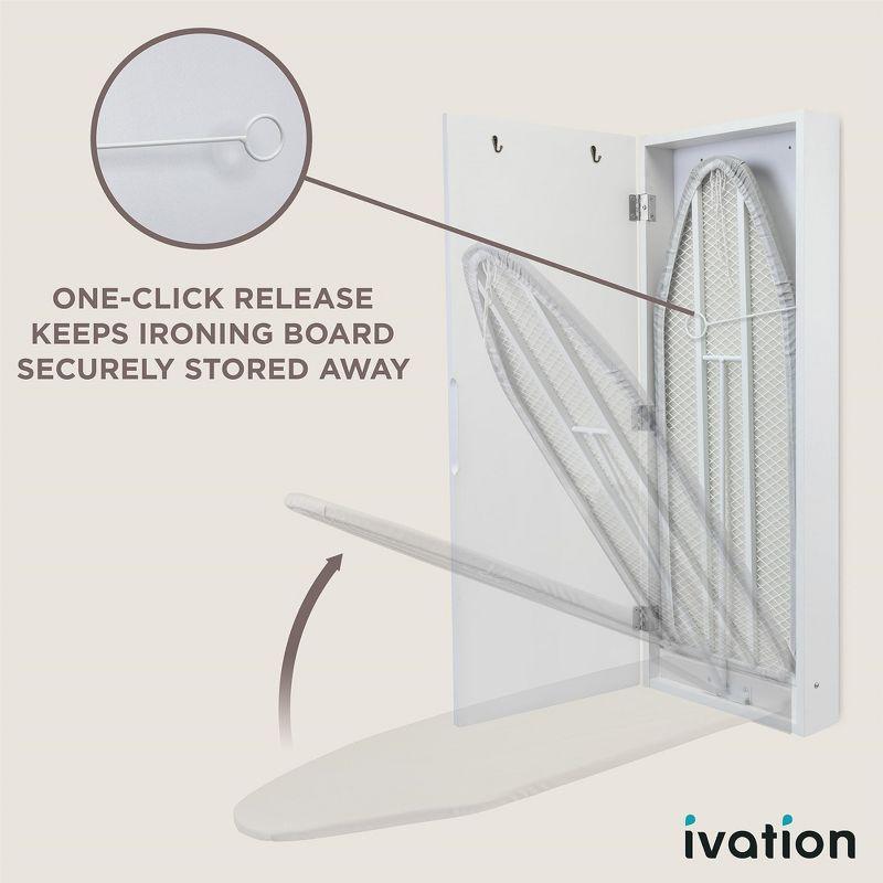 Ivation Ironing Board, Wall Mounted Ironing Board Cabinet W/Left Side Door, Mirror & Lever, White