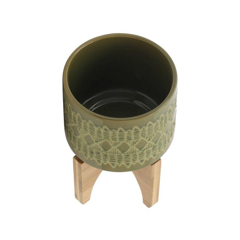 Green Ceramic Aztec Planter with Wooden Stand