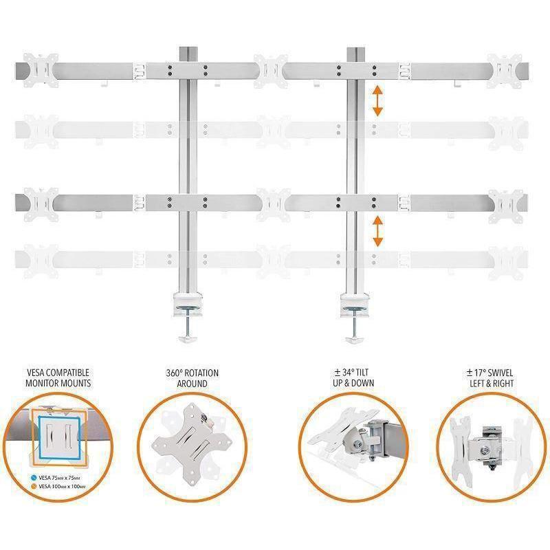 Six Monitor Mount – Clamp-On Monitor Arm with 6 Adjustable VESA Mounts – Silver – Stand Steady