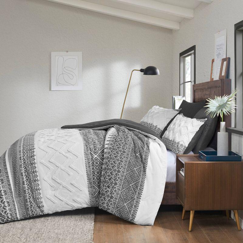 King Gray Cotton Reversible Comforter Set with Tufted Chenille