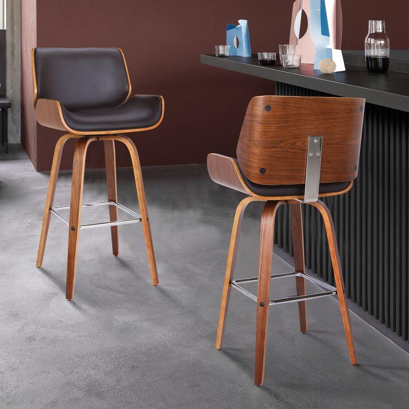 26" Armen Living Tyler Swivel Counter Barstool: Walnut Frame, Chrome Footrest, Faux Leather