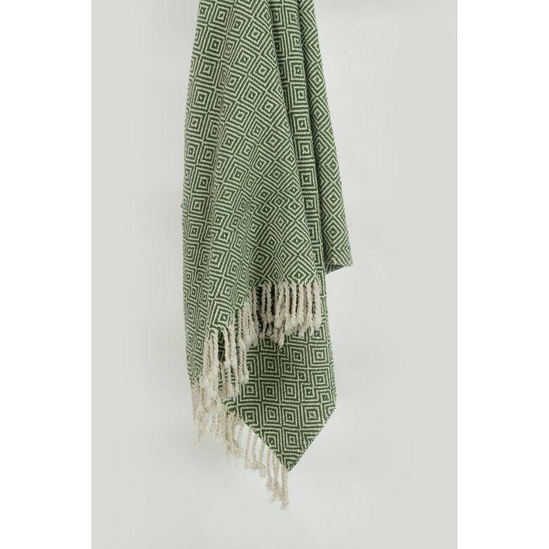 Green and Natural Cotton Geometric Throw Blanket with Fringe