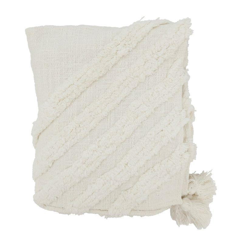 White Cotton Textured Tufted Throw with Tassels