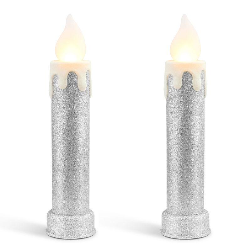 Silver LED Flameless Christmas Candles with Glitter Base, Set of 2