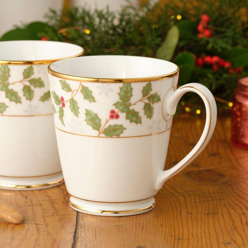 Holly and Berry Gold Ceramic Christmas Mugs, Set of 4