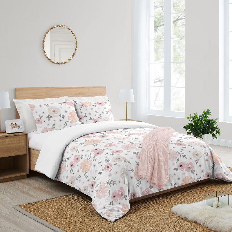 Blush Pink and Grey Floral Cotton Queen Duvet Cover Set