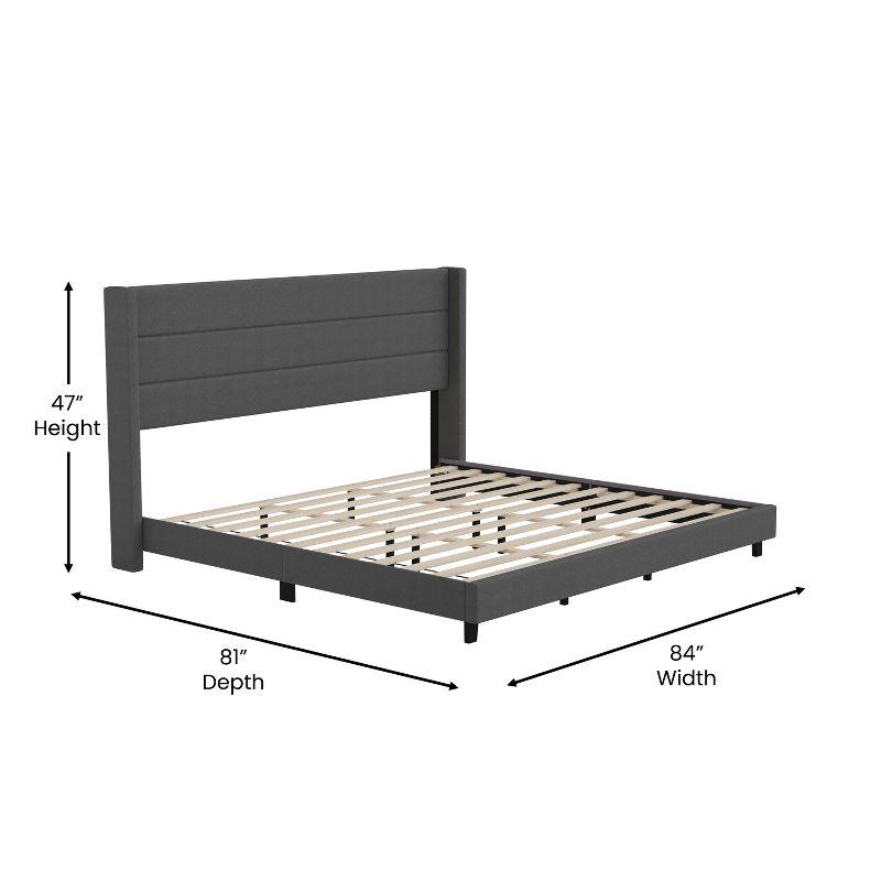 Merrick Lane Modern King Platform Bed with Padded Channel Stitched Charcoal Faux Linen Upholstered Wingback Headboard and 6" Underbed Clearance