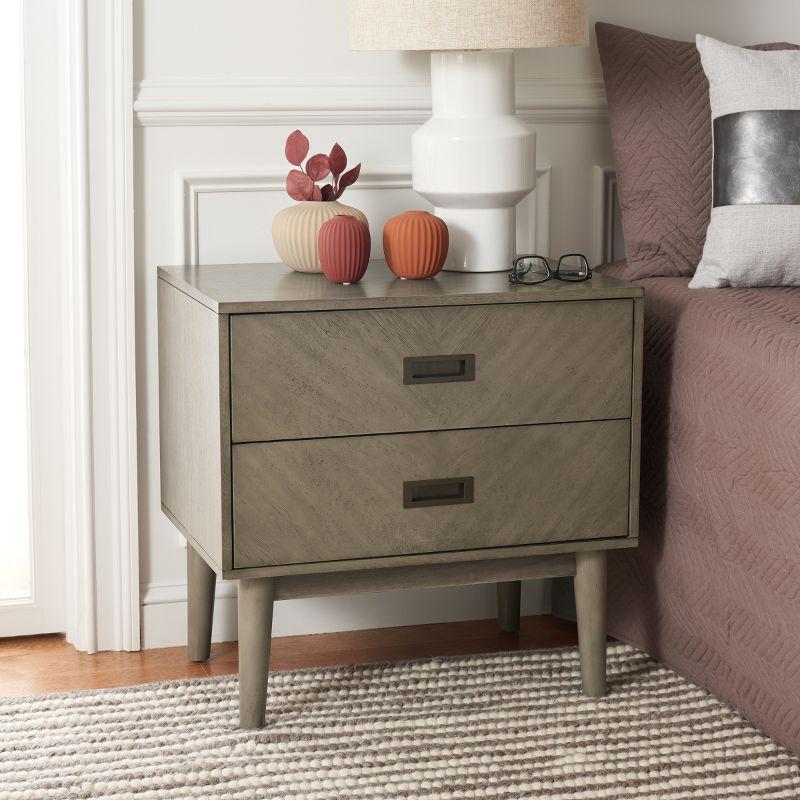 Light Grey 2-Drawer Mid-Century Nightstand with Bronze Handles