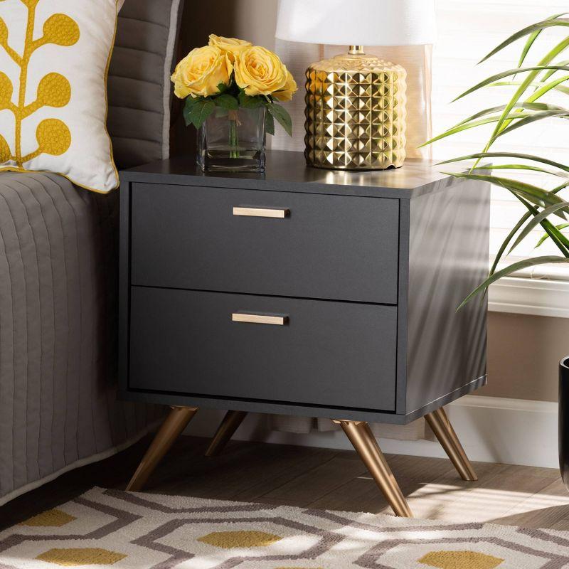 Kelson Dark Gray and Gold Wood 2-Drawer Nightstand