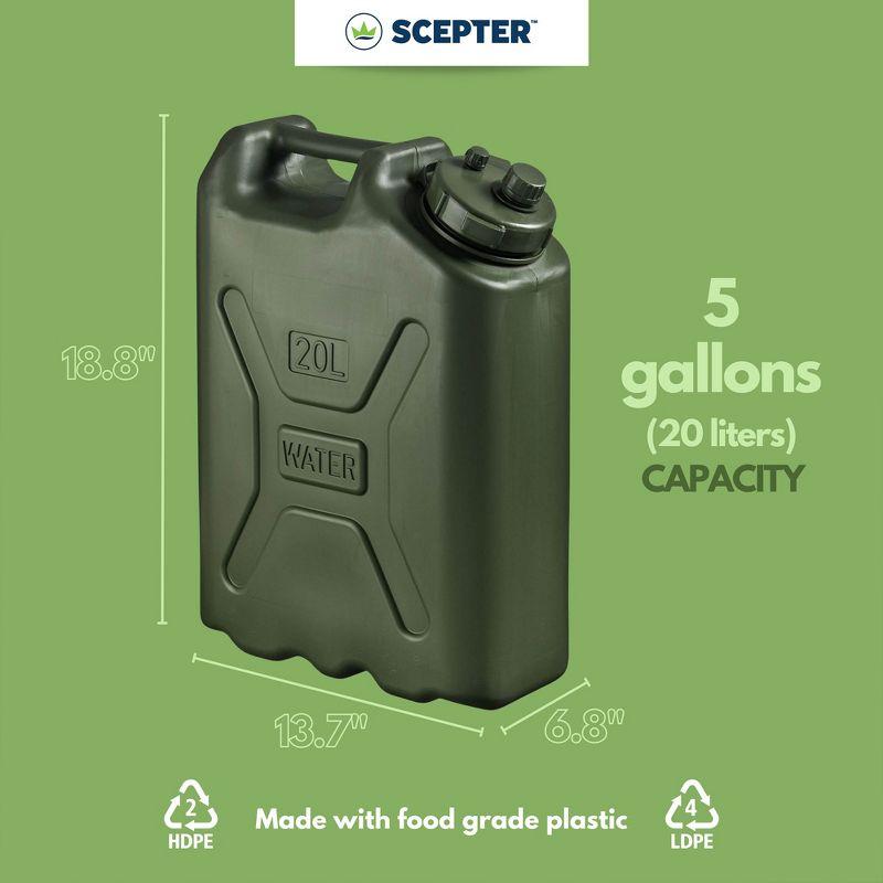 Scepter 5 Gallon Water Container, 20 Liter Portable Military Style Storage for Camping, Outdoors and Emergency, with BPA-Free Plastic, Green, 1 Pack