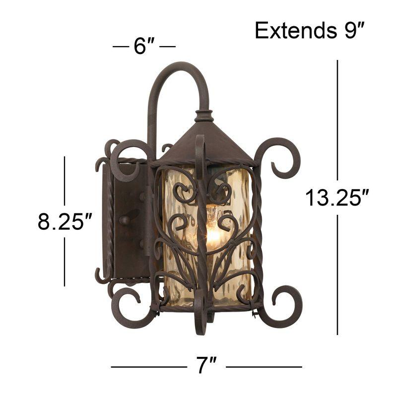 Rustic Dark Walnut Iron Scroll Outdoor Wall Light with Champagne Glass