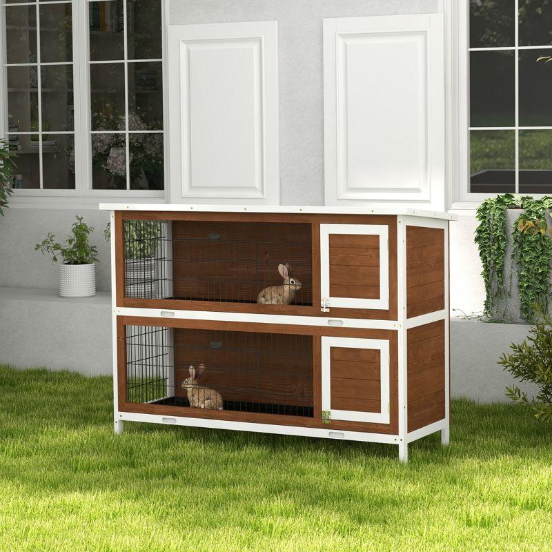 PawHut 54" 2-Story Large Rabbit Hutch Bunny Cage Wooden Pet House Small Animal Habitat with Lockable Doors, No Leak Tray and waterproof Roof for Outdoor/Indoor