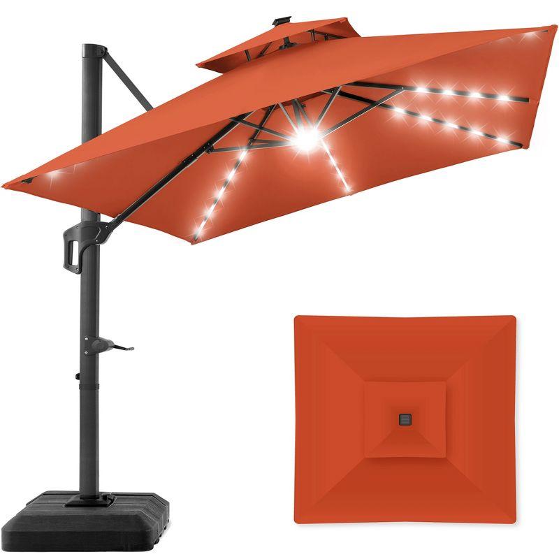 Arlmont & Co. Ronessa 10x10ft 2-Tier Square Outdoor Solar LED Cantilever Patio Umbrella w/ Base Included
