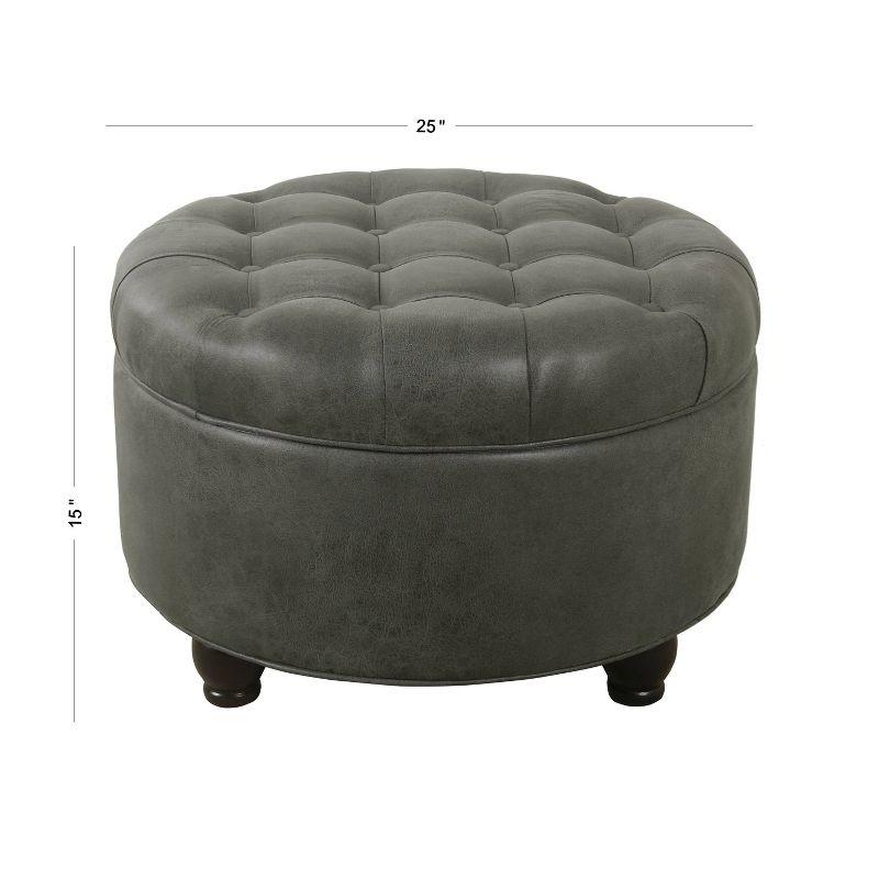 Large Tufted Round Storage Ottoman Faux Leather Gray - HomePop: Modern Upholstered Bench with Hardwood Frame