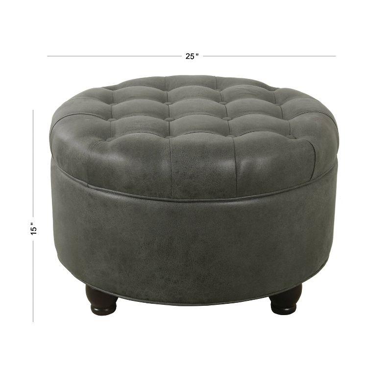 Large Gray Faux Leather Tufted Round Storage Ottoman