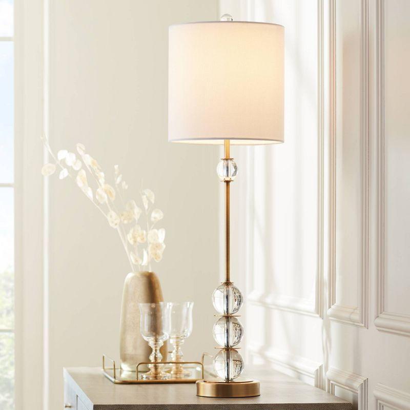 Vienna Full Spectrum Halston Art Deco Buffet Table Lamp 32 1/2" Tall Crystal Ball Brass Metal Off White Fabric Drum Shade for Bedroom Living Room Kids