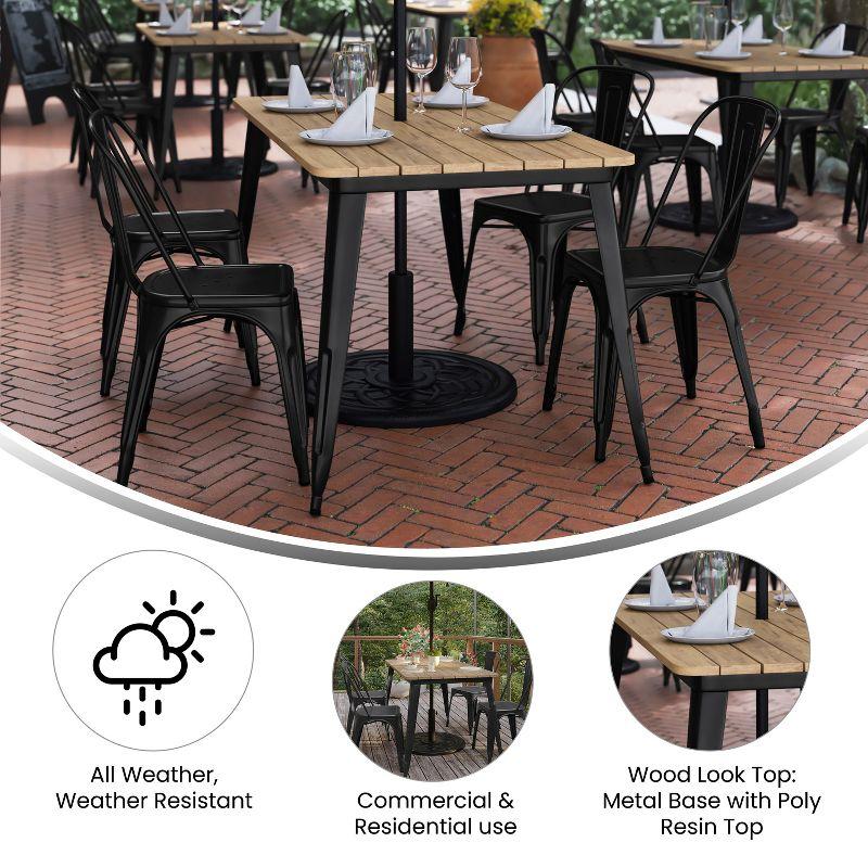 Flash Furniture Declan Commercial Indoor/Outdoor Dining Table with Umbrella Hole, 30" x 60" All Weather Brown Poly Resin Top and Black Steel Base