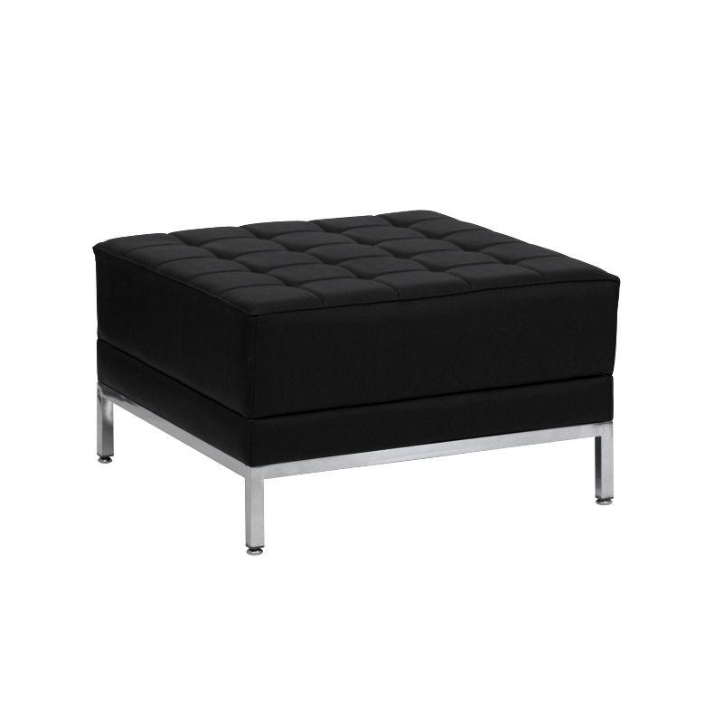 28" Black Tufted LeatherSoft Square Ottoman with Stainless Steel Frame