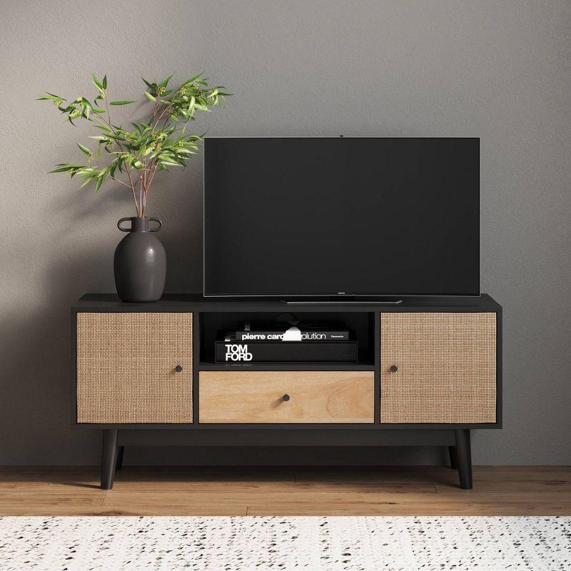 48'' Matte Black Bohemian Media Console with Rattan Accents