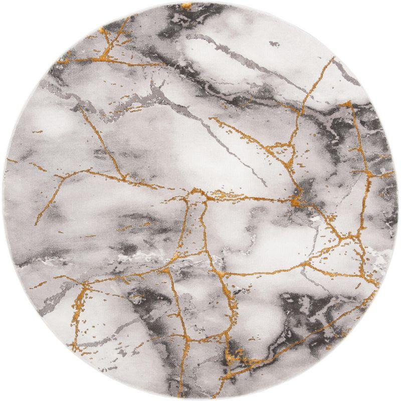 Gray and Gold Round Abstract Synthetic Area Rug