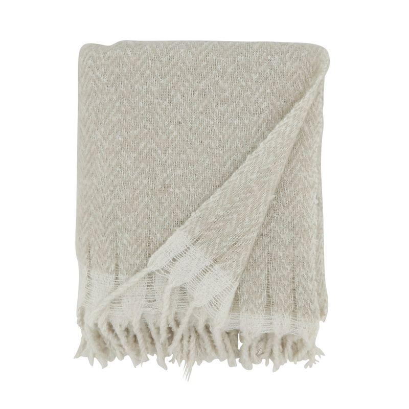 Gray Faux Mohair Herringbone Fringed Throw Blanket