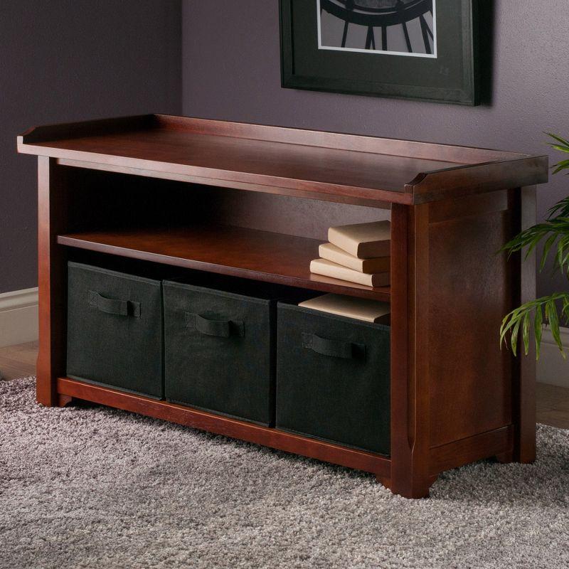 Walnut Brown Transitional Storage Bench with Black Fabric Baskets