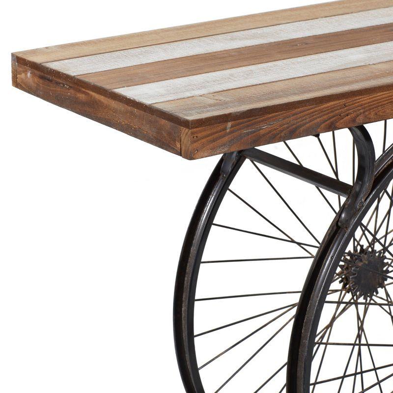 Olivia & May Industrial Wheel Console Table Brown: Iron Frame, Wood Top, Entryway Furniture