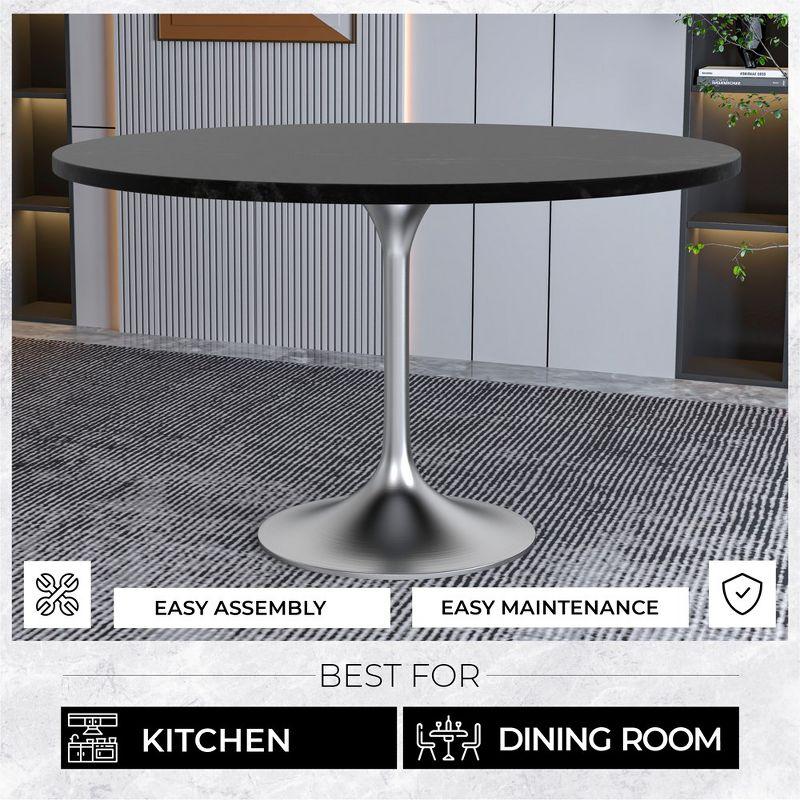 LeisureMod Verve Mid-Century Modern 48" Round Table with MDF Top and Brushed Chrome Pedestal Base for Dining Room and Kitchen in Black