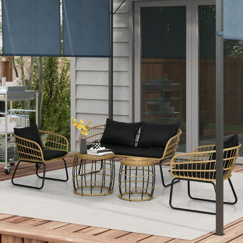 Outsunny 5 Piece PE Rattan Outdoor Furniture Set with Cushioned Chairs, Loveseat Sofa & Stackable Coffee Tables