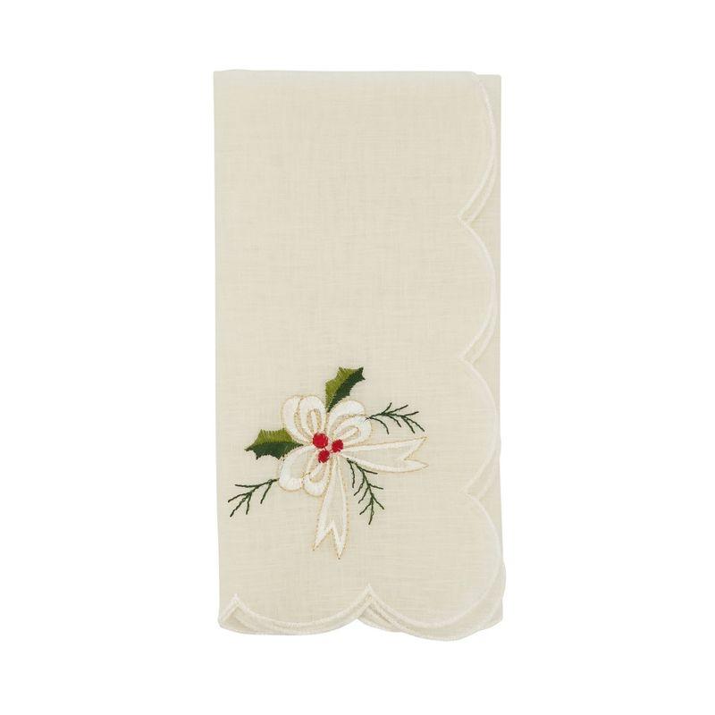 White Embroidered Holly and Ribbon Table Napkins Set