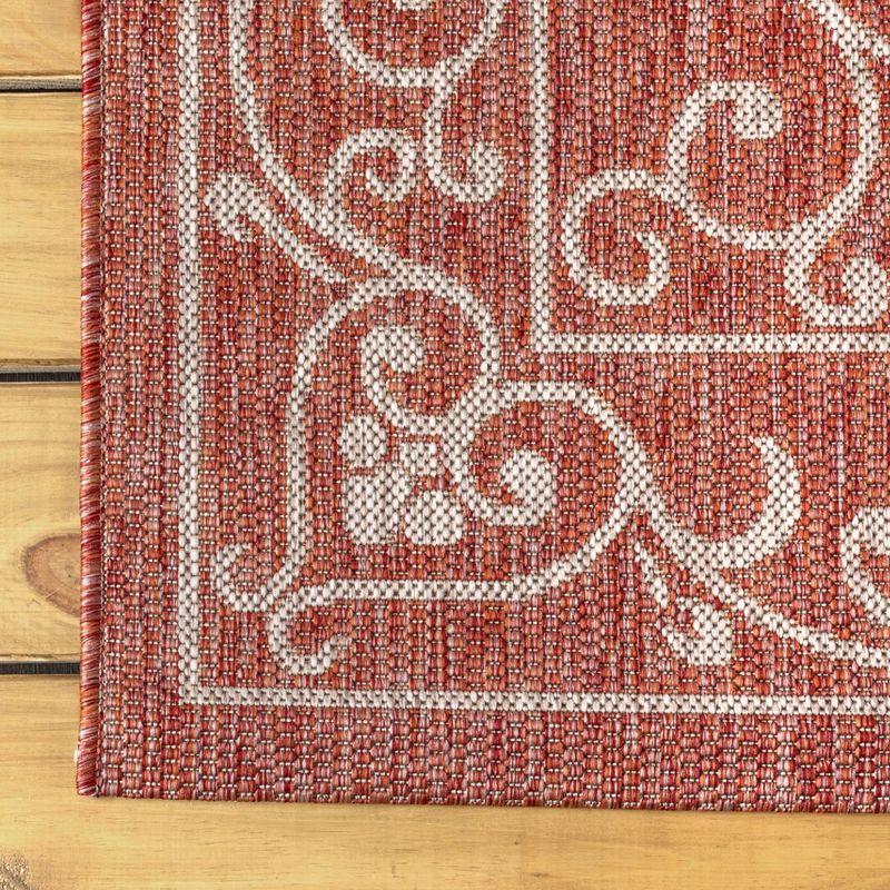 5' Round Charleston Vintage Filigree Textured Weave Indoor/Outdoor Area Rug, Red/Beige - JONATHAN Y