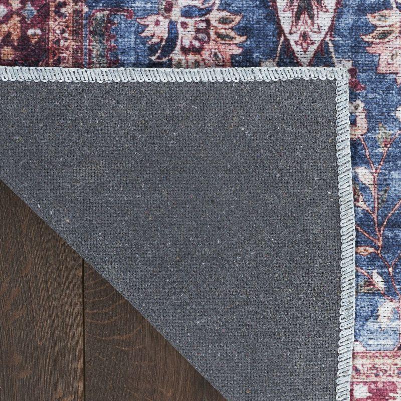 Blue and Brick Floral 5' x 7' Washable Synthetic Rug