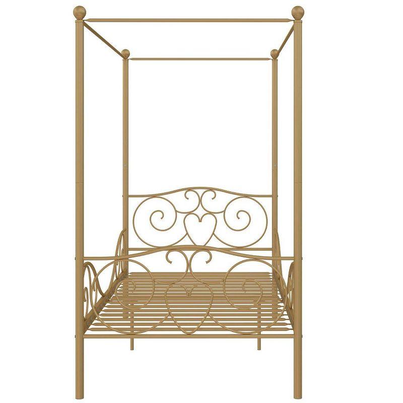 Gold Twin Metal Canopy Bed with Heart Scroll Design