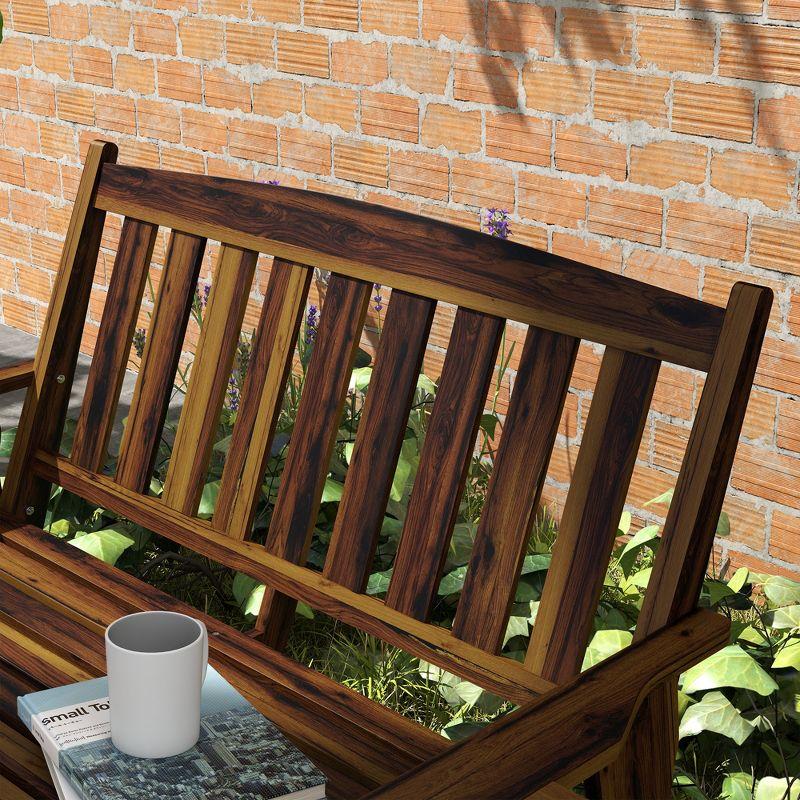 Outsunny Wood Outdoor Bench, 2-Person Garden Bench with Cupholder Armrests, Slatted Seat and Backrest, Park Bench for Patio, Porch, Lawn, Carbonized