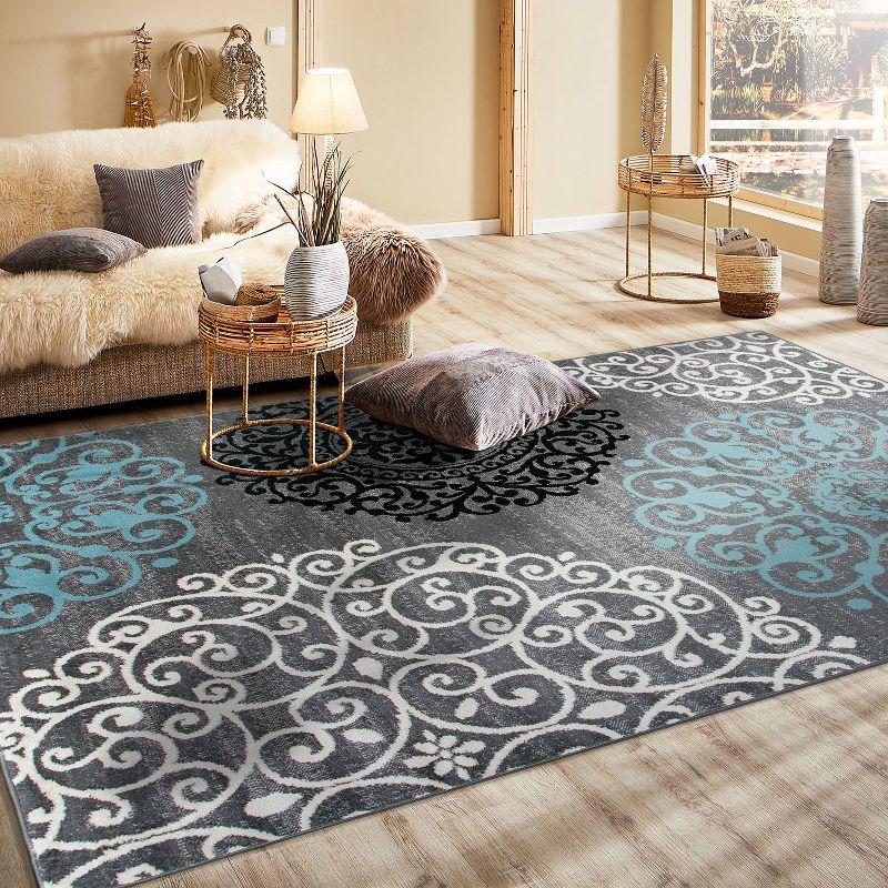 Gray and Blue Floral Synthetic Low Pile Area Rug