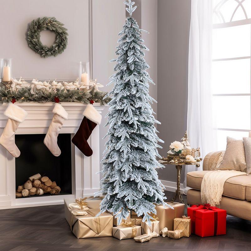 LuxenHome 6.9Ft Pencil Christmas Tree, Unlit Skinny Artificial Snow-Flocked Christmas Tree with X-Shape Metal Stand White