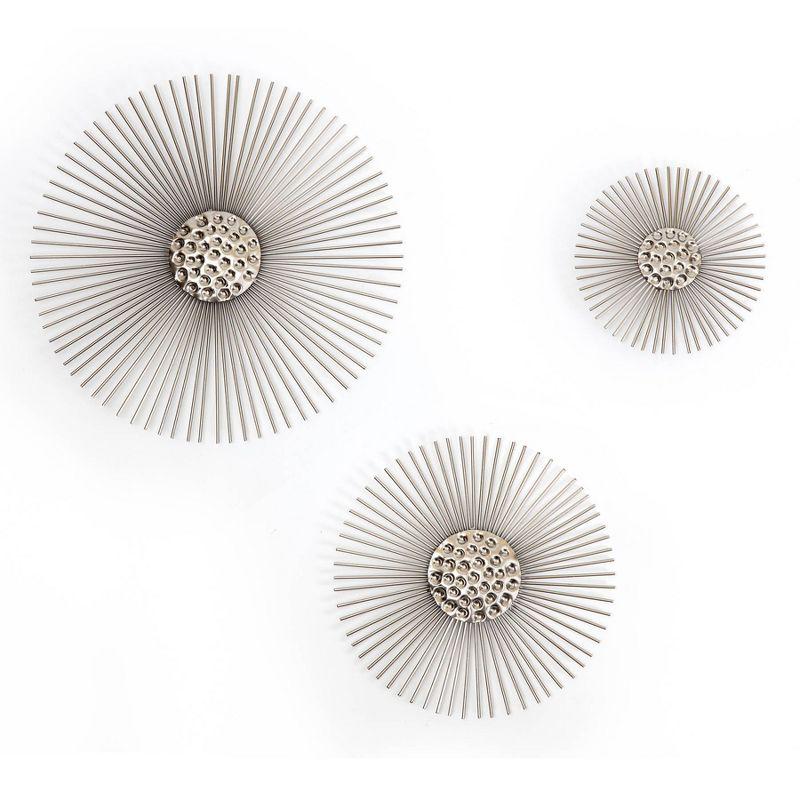 Brewster (Set of 3) Sola Silver Starburst Metal Wall Arts: Iron Sunburst Medallions, Modern Decor