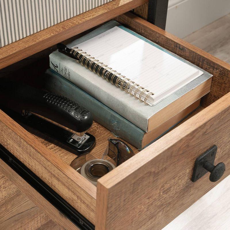 Etched Oak and Black Wood Desk with Drawer and Filing Cabinet