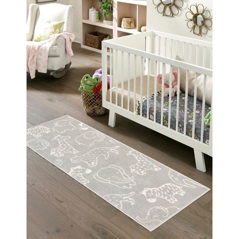 Gray and Ivory Safari Animal Kids Runner Rug