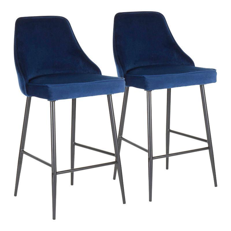 Elegant Navy Blue Velvet & Black Metal Contemporary Counter Stools, Set of 2