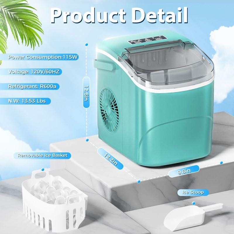 R.W.FLAME Ice Makers Countertop with Handle,26.5Lbs/24H,9 Cubes in 6 Mins,2 Sizes of Bullet Ice,Portable Ice Maker Machine with Self-Cleaning, green